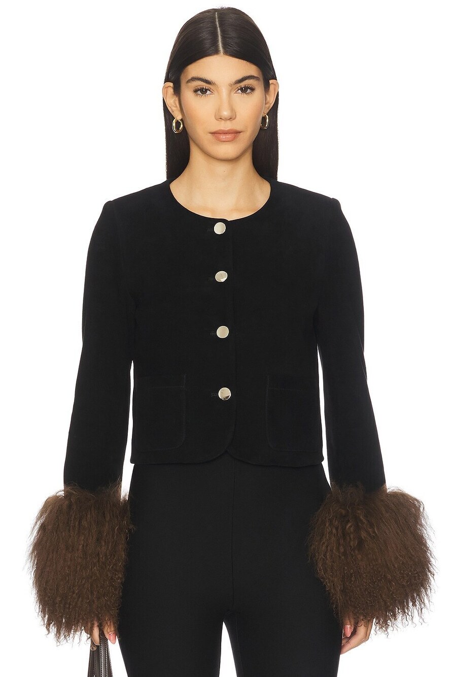 Susanna Chow Frida Suede Jacket in Black Brown Trim suede leather Mongolian fur